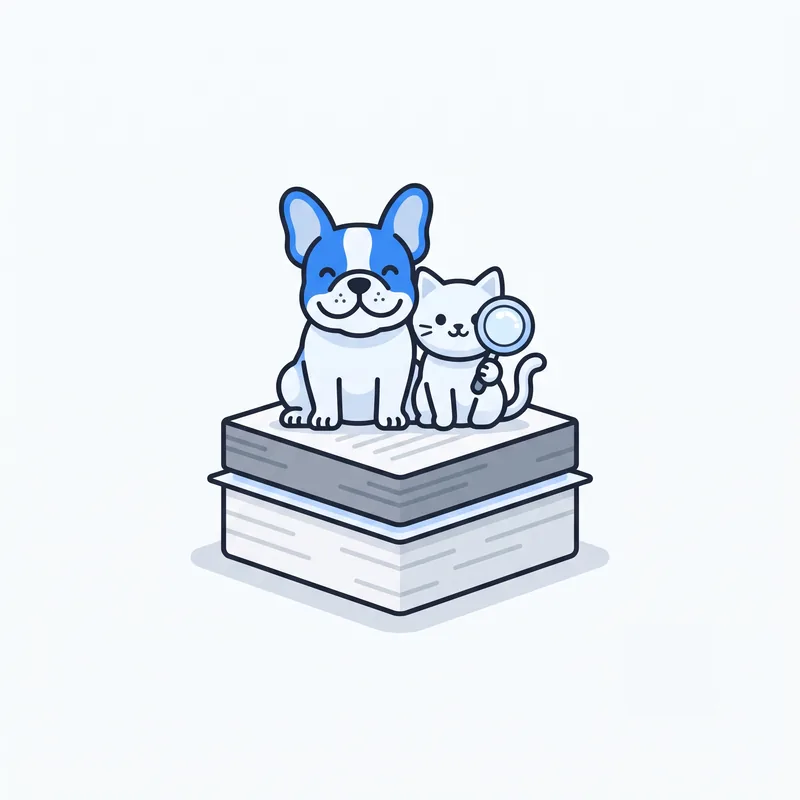 A French Bulldog and a cat on a stack of documents